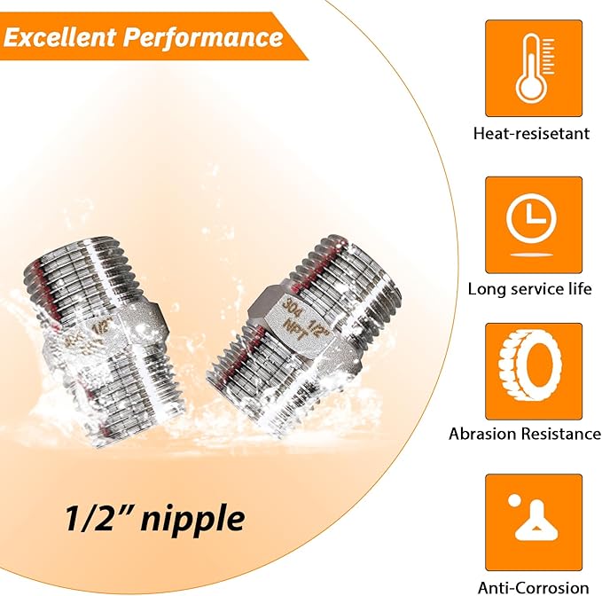 4PCS Hex Stainless Steel Nipple 1/2"NPT Male X 1/2" NPT Male Pipe Fitting 1/2 inch Stainless Steel Pipe Nipples Male Pipe Adapter Fittings Heavy Equal Nipples Connectors