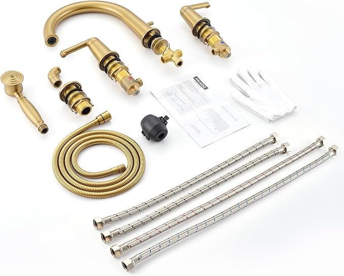 Roman Tub Faucet Set with Hand Shower, KRUZOO Bathtub Faucet Set Trim Kit with Rough-in Valve, Deck Mount Widespread 4 Hole Brass Tub Filler, KZ-9608BG, Brushed Gold