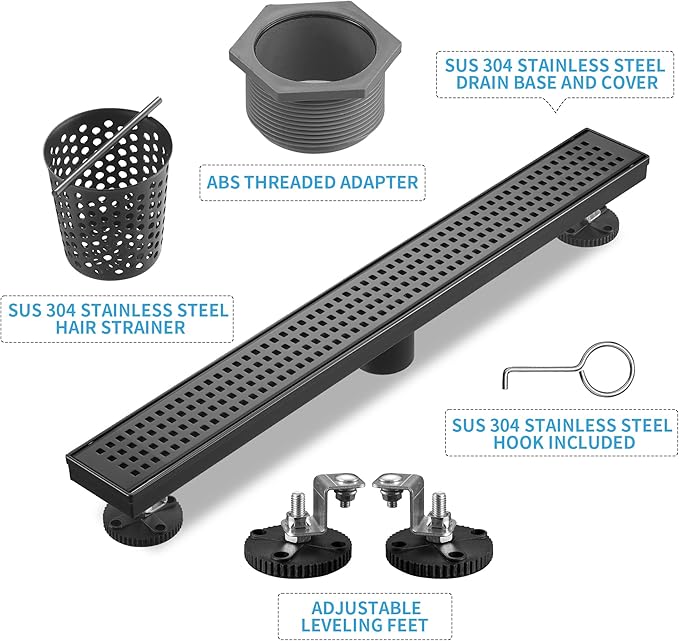 Linear Shower Drain 36 Inch Rectangular, SUS-304 Stainless Steel Black Shower Drain, 51L/Min Fast Drainage Floor Linear Drain, US Standard CUPC Certified, Matte Black, SD-112-36B