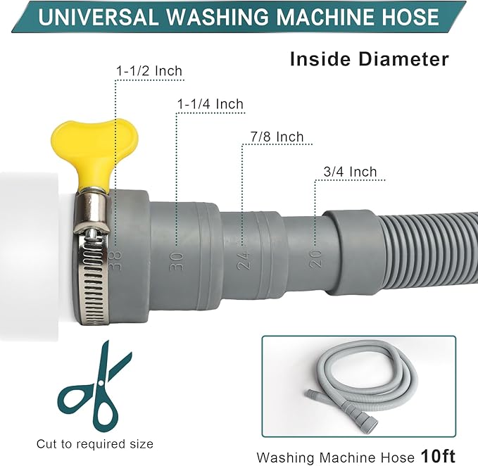 10FT Washing Machine Drain Hose, Universal Dishwasher Hose Extension Kit with 1 U-Bend Holder, 1 Extension Adapter and 4 Hose Clamps
