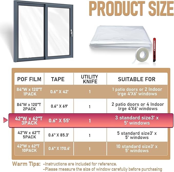 Window Insulation Kit for Winter,Plastic Shrink Film Indoor Thermal Seal to Block Drafts, Cold Air for Windows and Patio Doors,3-Pack(42"W x 62"T)