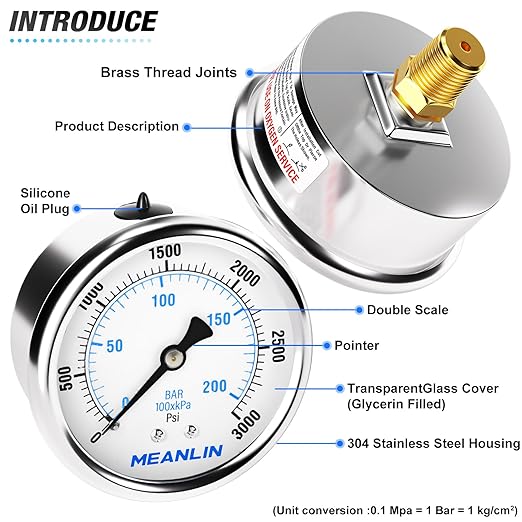 MEANLIN MEASURE 0~3000Psi Stainless Steel 1/4" NPT 2.5" FACE DIAL Liquid Filled Pressure Gauge WOG Water Oil Air Center Back Mount, with 1/4" x 1/2" NPT and 1/4" x 3/8" NPT Hex Bushing