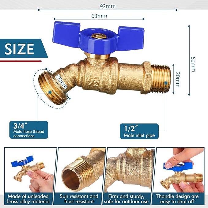 VIHOSE 10 Pack Male Hose Bib Mip, 3/4" Mip x 3/4" Mht, 1/4 Turn Outdoor Brass Water Hose Spigot Heavy Duty Faucet Shut off Valve for Garden Patio Outdoor(blue)
