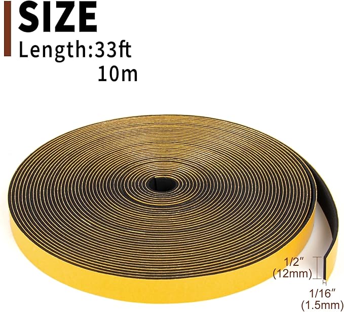 Yotache Thin Foam Tape Weather Stripping (.50) 1/2 Inch Wide x 1/16 Inch Thick (New Adhesive Craft), Seal Gasket for Speaker, Door Insulation, Soundproofing, Rattle, 33 Ft Length