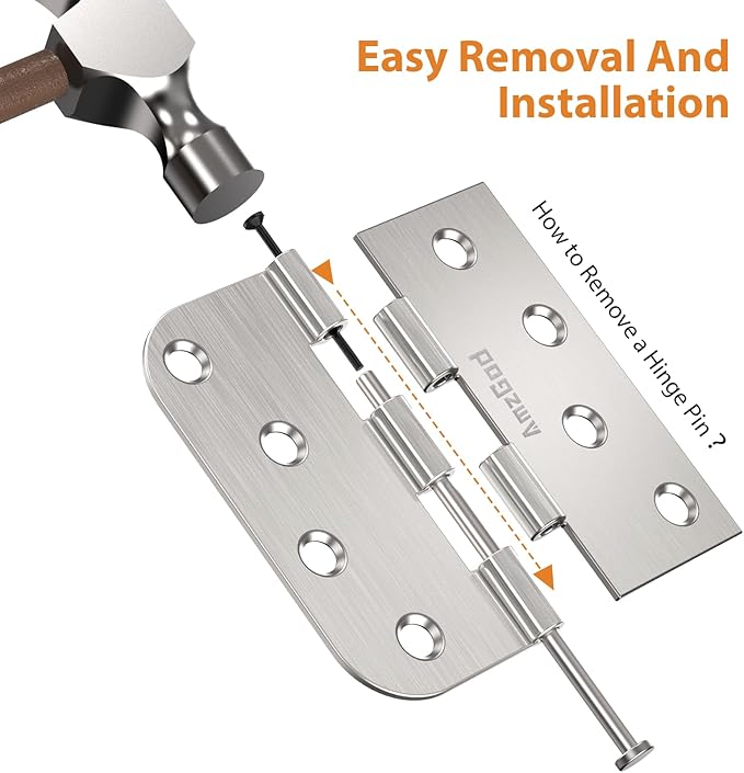 24 Pack Brushed Nickel Door Hinges, 4 Inch Heavy Duty Hinges with 5/8" Radius & Square Corners, Satin Finish, Removable Pin, Quiet for Interior & Exterior Doors