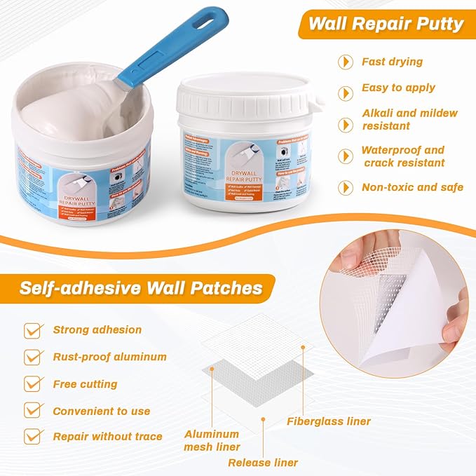 Drywall Repair Kit, Wall Surface Hole Patch Repair Kits with 12OZ White Putty Hole Filler, Fix Wall Surface and Creak Damage with Scraper, Sanding Pad Fill Quick and Easy Solution