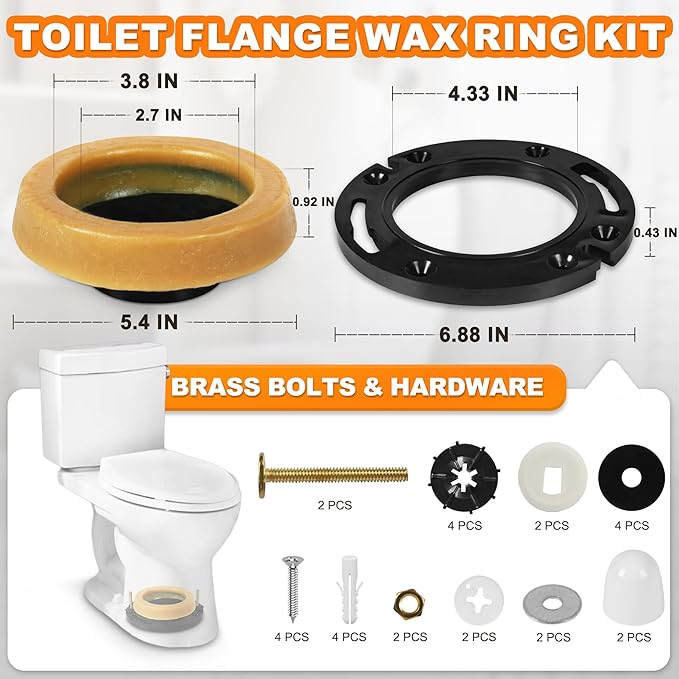 Toilet Flange with Wax Ring Kit - Toilet Wax Ring Replacement Kit for Toilets Install or Toilet Leak Repair Fits 3 inch or 4 inch Waste Lines