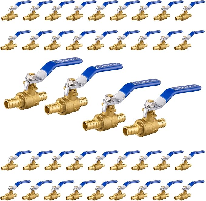 40-Pack Foskan 1/2 Inch PEX Crimp Full Port Ball Valve with Blue Handle, Brass Quarter Turn Shut-off Valve for PEX Tubing