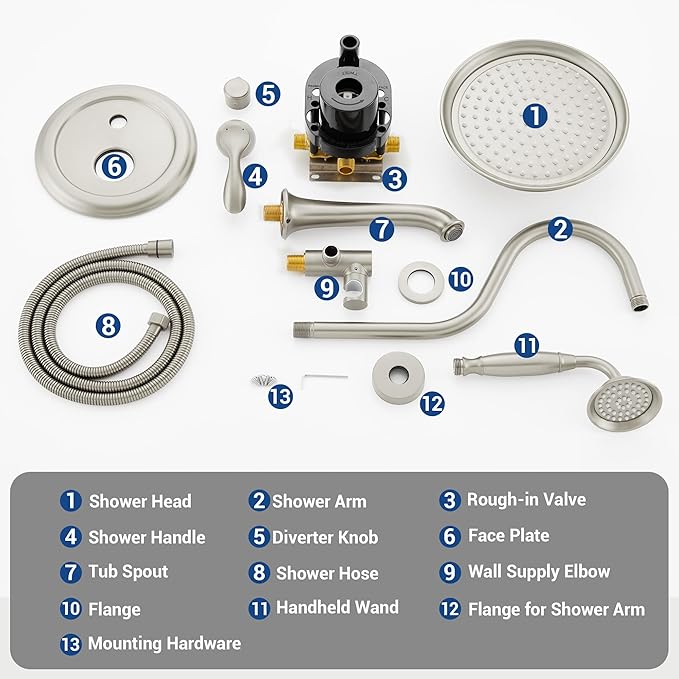 DASAN Brushed Nickel Shower System with Tub Spout, Tub and Shower Faucet Combo Set with Valve & Trim Kit Bathtub Shower Faucet Set Bathtub Shower System with Rainfall Shower Head & Handheld, AT309W-BN