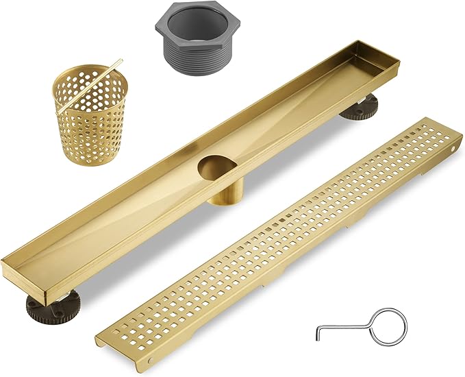 Linear Shower Drain 32 Inch Rectangular, Brushed Gold Shower Drain, 51L/Min Fast Drainage SUS-304 Stainless Steel Floor Linear Drain, US Standard CUPC Certified, Zirconium Gold, SD-112-32ZG