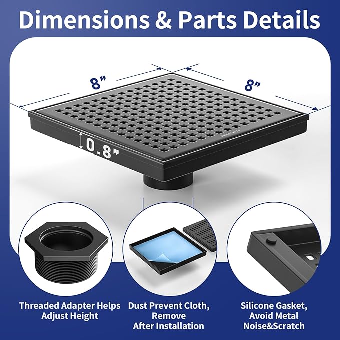 Square Shower Drain 8", 304 Stainless Steel Floor Drain with Grid Drain Cover & Hair Strainer, Shower Drain w/CUPC Certified, Matte Black