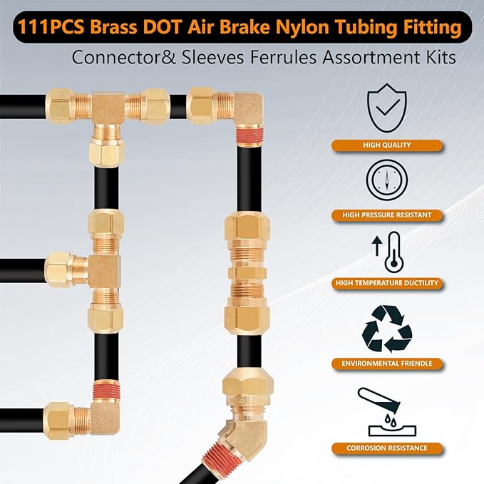 111Pcs Brass DOT Air Brake Line Fittings Assortment - 1/4" 1/8" 3/8" 1/2" Quick Connect Hose Fittings for Truck or Industrial System - Compression Nylon Tubing Repair Kit