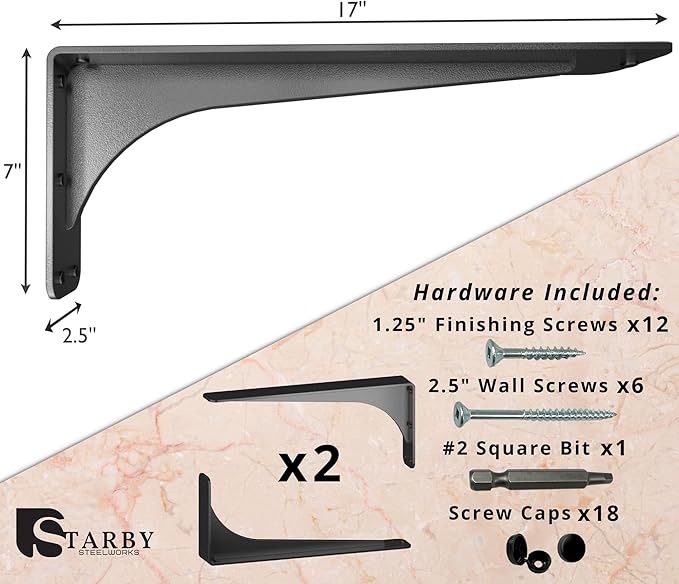 Starby Gladiator Series Solid Heavy Duty Welded 500 Lb Low Profile Granite Countertop Support Shelf Brackets Floating Shelf Discrete Slim 500 LB Capacity (2 Pack) (7" x 17" x 2x5)