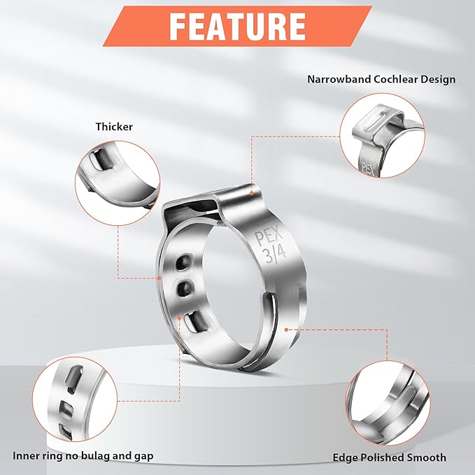 120pcs 3/4 inch PEX Cinch Clamps Rings, 304 Stainless Steel Single Ear Hose Clamps, Heavy Duty Pex Crimp Rings for PEX Tubing Pipe Fitting Connections