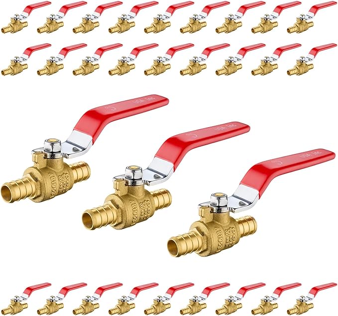 30-Pack Foskan 1/2 Inch PEX Crimp Full Port Ball Valve with Red Handle, Brass Quarter Turn Shut-off Valve for PEX Tubing