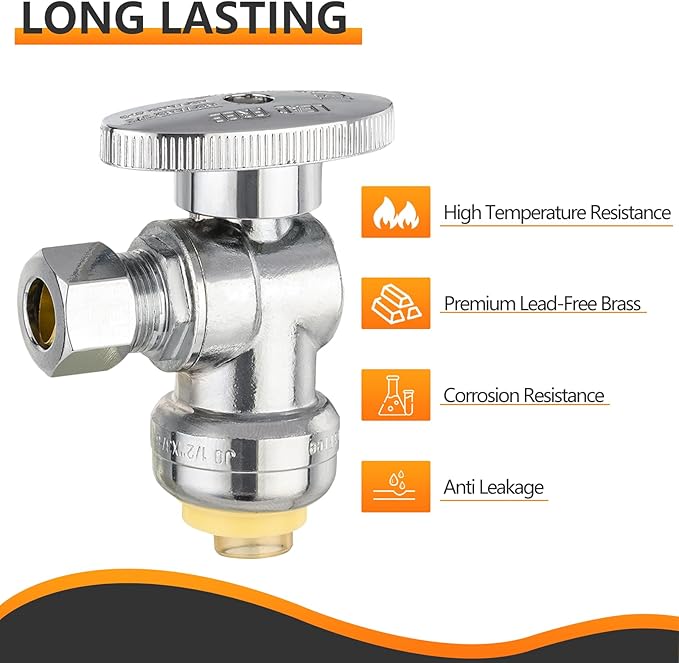 HeSun 10-PCs Push-Fit Angle Stop Valve, 1/2" Push x 1/4" OD Compression Angle Stop, 1/4 Turn Water Shut Off Valve for Bathroom with Disconnect Clip Tool