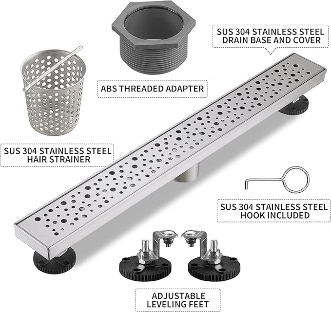 Linear Shower Drain 32 Inch, Bubbles Shower Drain SUS-304 Stainless Steel, 51L/Min Fast Drainage Floor Linear Drain, US Standard CUPC Certified, Brushed Silver, SD-099
