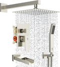 SR SUN RISE 10 Inches All Metal Bathtub Faucet Set Shower System with Tub Spout Square Rain Shower Head and Handheld Combo Shower Fixtures, Modern Valve and Trim Kit, Brushed Nickel