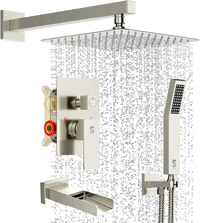 SR SUN RISE 10 Inches All Metal Bathtub Faucet Set Shower System with Tub Spout Square Rain Shower Head and Handheld Combo Shower Fixtures, Modern Valve and Trim Kit, Brushed Nickel