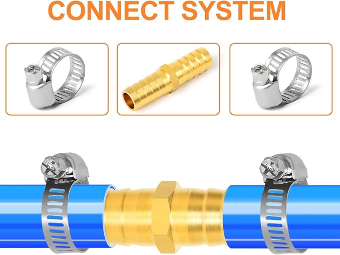 GASHER 10 Pieces Brass Hose Barb Reducer, 5/8 Inch to 5/8 Inch(15.8mm) Barb Hose ID with 20 Hose Clamp, Brass Barb Reducer SPLICER Fitting Fuel/AIR/Water/Oil/Gas/WOG