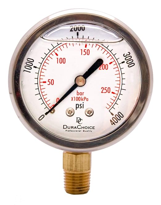 2" Oil Filled Pressure Gauge - Stainless Steel Case, Brass, 1/4" NPT, Lower Mount Connection, 0-4,000PSI