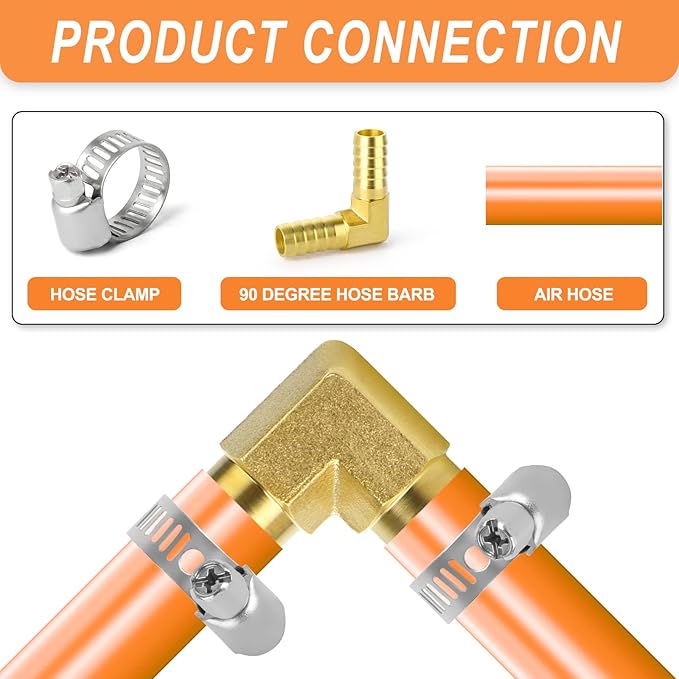 GASHER 10 Pieces Brass Hose Barb Reducer, 1/4 Inch to 1/4 Inch Barb Hose ID 90 Degree L Right Angle Elbow with 20 Hose Clamps, Brass Barb Reducer SPLICER Fitting Fuel/AIR/Water/Oil/Gas/WOG