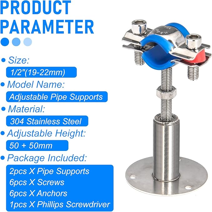 Kodilin 2PCS 304 Stainless Steel Wall Mount Ceiling Mount Pipe Supports,Suitable for OD Pipe 1/2"(19-22mm),Adjustable Height 50-100mm,Adjustable Pipe Strap Clamp with Screws