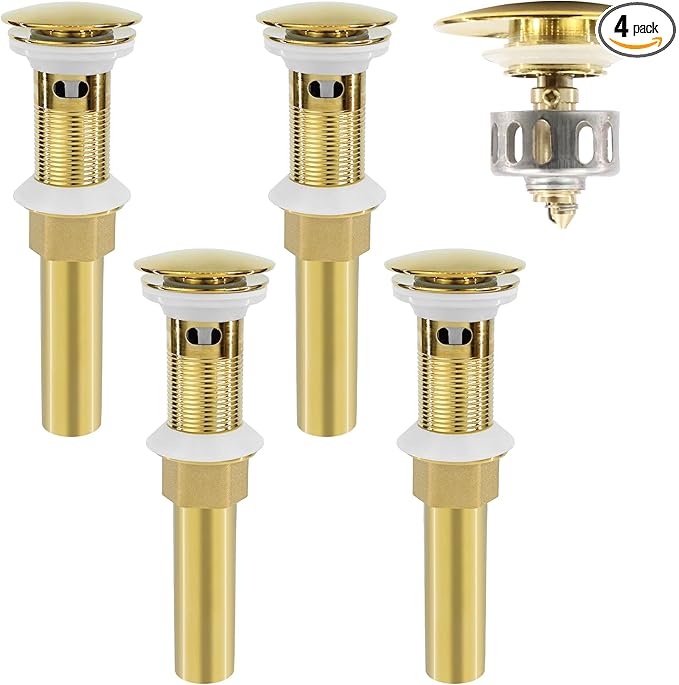 Bathroom Sink Drain, 4 Pack Gold Drain Stopper with Overflow,Pop Up Drain Assembly Without Detachable Strainer Basket,Built-in Anti-Clogging Strainer,Stainless Steel