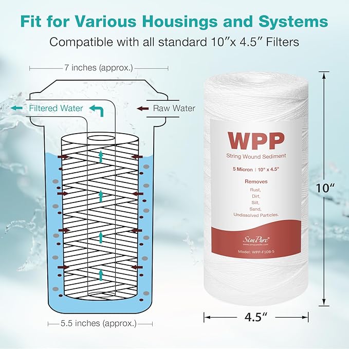 SimPure 5 Micron 10" x 4.5" String Wound Sediment Water Filter Cartridge for Well Water, Whole House Replacement Filter for Housing DB10P DB10C (10 Pack)