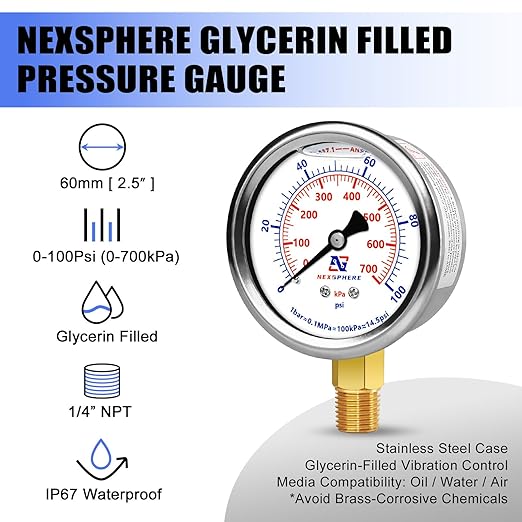 100 PSI Liquid Filled Pressure Gauge, 1/4 NPT Lower Mount, 2.5" Dial, 304 Stainless Steel Case, Glycerin Filled Plumbing Pressure Gauge, for Home Air/Oil/Water Pressure Test
