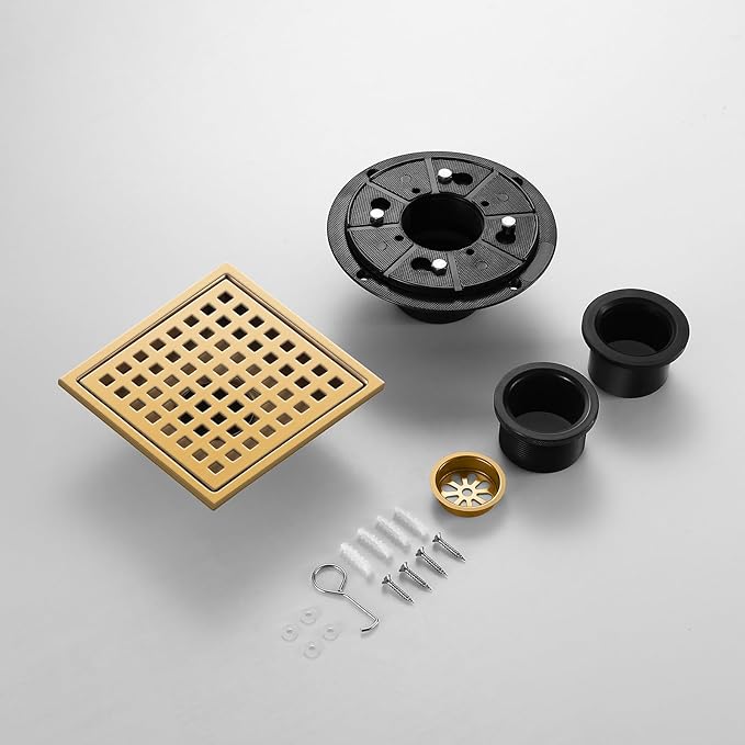 Shower Drain, Brushed Gold 6 inch Shower Floor Square Drain with Flange, Removeable Grid Panel SUS 304 Stainless Steel Square Shower Drain
