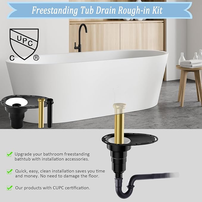 Upgrade Freestanding Tub Drain Rough-in Kit with CUPC Certification, Includes Brass and ABS Pipe, Clean Tub Drain No Leaks. (Patent No US11168467B2)