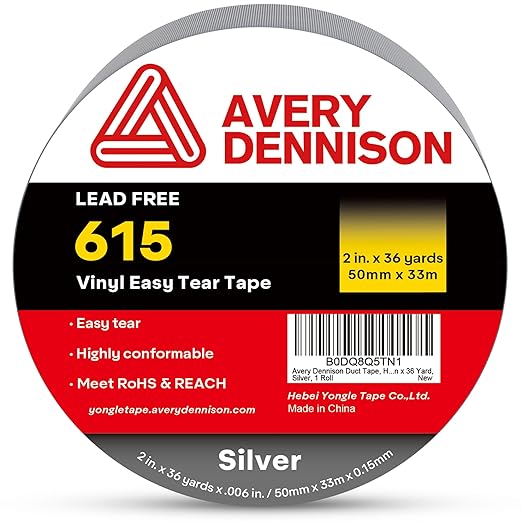 Avery Dennison Duct Tape, Heavy Duty PVC Easy Tear Tape, Strong Adhesive Waterproof Duct Tape for Indoor Outdoor Repairs, 2 in x 36 Yard, Silver, 1 Roll