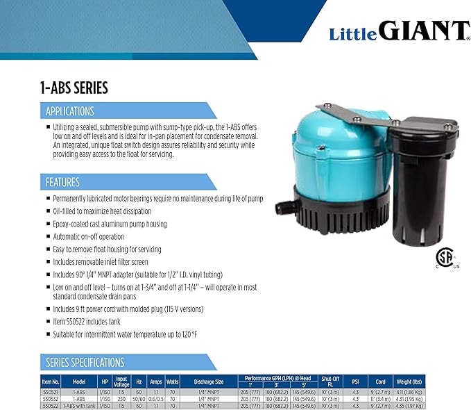 Little Giant 1-ABS 115-volt, 1/150 HP, 205 GPH Automatic Shallow Pan Condensate Removal Pump for Ceiling Mounted Air Conditioners or Dehumidifiers, with Condensate Collection Tank, Black/Blue, 550522