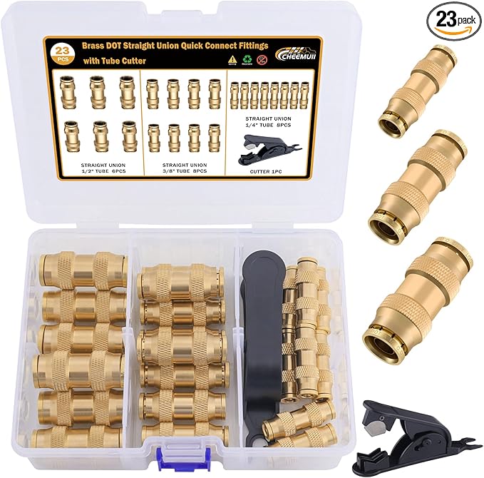CheeMuii 23 PCS Brass DOT Air Line Fittings Kit 1/4 3/8 1/2 DOT Quick Connect Air Fittings Straight Union Push to Connect Air Hose Fittings for Semi Truck Trailers Air Brake System