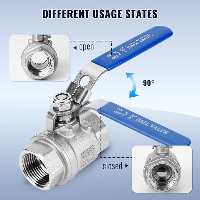 2 Pack 3/4'' Ball Valves NPT Female Stainless Steel 304 Full Port Locking Ball Valve Handle, Heavy Duty Shut Off Valve for Home and Industrial (3/4 Inch)