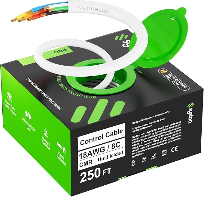 Syston 18/8 Low Voltage Security Sound Alarm Cable 250 ft 18 AWG 8 Conductors Stranded Copper Riser-Rated CMR/CL3R Unshielded 100% Copper Stranded,UV Resistant RoHS for Indoor/Outdoor Use
