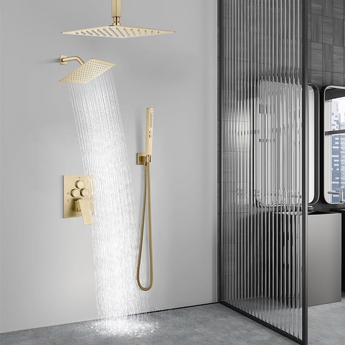Aolemi Shower Faucet Set Ceiling Mount Shower System Rough-in Valve and Shower Trim Kit 12 and 6 Inch Dual Shower Head 2 in 1 Handheld Spray Push Button Diverter Brushed Gold