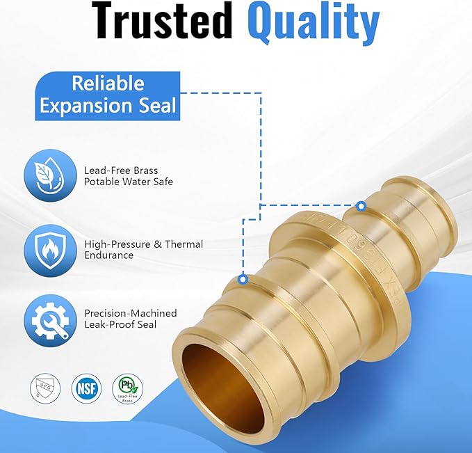(5-Pack YVSKM) 3/4" x 1/2" Reducing Coupling Expansion Fitting, Lead-Free Brass Full Flow Connector, ASTM F1960 & cUPC Certified for Residential Hot & Cold Water and Radiant Heating Systems