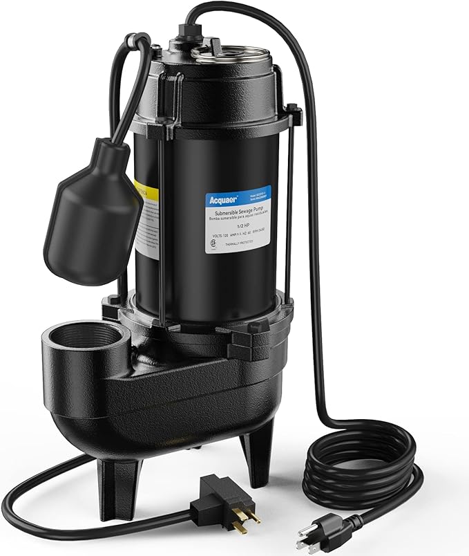 Acquaer 1/2HP Submersible Sewage/Effluent Pump, 6000 GPH, Cast Iron, Automatic Tethered Float Switch, 115V Sump Pump for Sump Basin, Residential Sewage, Basement, 2'' NPT Discharge