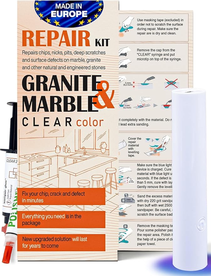 Marble, Granite & Quartz Countertop Repair Kit (Clear) - Fix Your Defects Like a Pro I Suitable for Most Repairs I Fix Broken Chips in Minutes