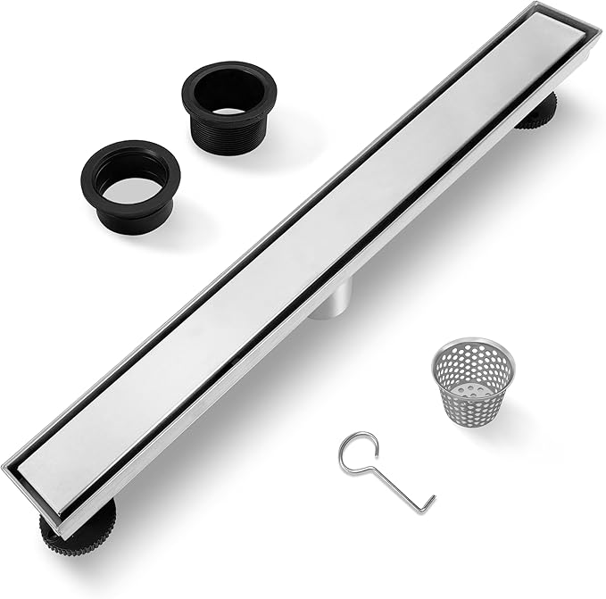 18 Inch Linear Shower Drain Brushed Floor Drain with Removable 2-in-1 Tile Insert Grate Cover and SUS304 Stainless Steel CUPC Certificate (18 inch)