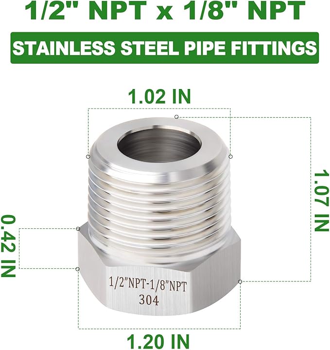 TAISHER 2PCS Forging of 304 Stainless Steel Reducer Hex Bushing, 1/2" Male NPT to 1/8" Female NPT, Reducing Forging Pipe Adapter Fitting