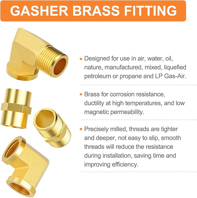 GASHER 24PCS 1/2 Inch NPT Brass Pipe Fittings, Hex Nipple, Hex Coupling, 90 Degree Barstock Street Elbow Air Hose Fittings