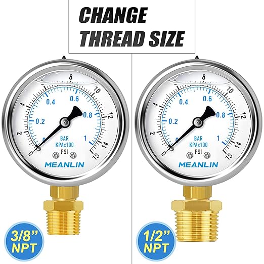 MEANLIN MEASURE 0~15Psi Stainless Steel 1/4" NPT 2.5" FACE DIAL Liquid Filled Pressure Gauge WOG Water Oil Air Lower Mount (Pack of 2), with 1/2" NPT and 3/8" NPT Hex Bushing