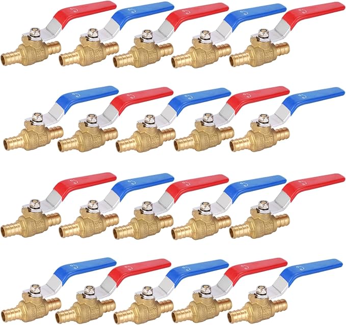 20-PCs HeSun 3/4 Inch PEX Ball Valves, 1/4 Turn Full Port Shut-off, Brass Crimp Pex Valve for Hot and Cold Water, ASTM F1807,Blue & Red(VALVE013-20)