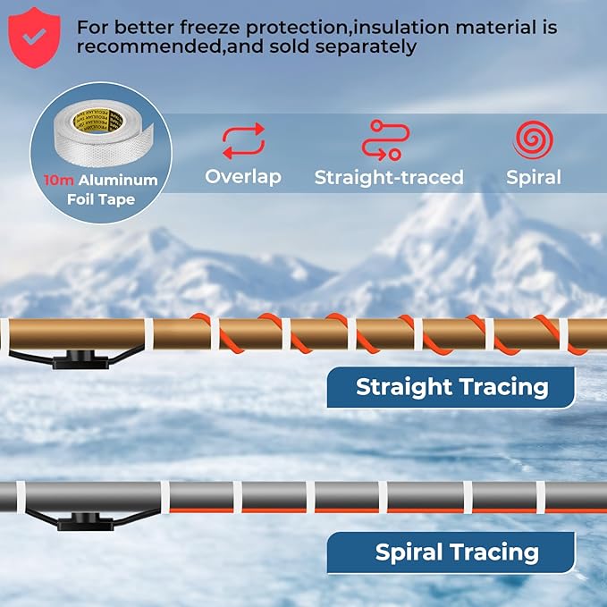 3FT Heat Tape for Water Pipes Freeze Protection IP65 Waterproof 7W/FT 110V,BDDFOTO Water Pipe Heat Cable With Thermostat Self-Regulating Pipe Heater for House Garden/RV Camper