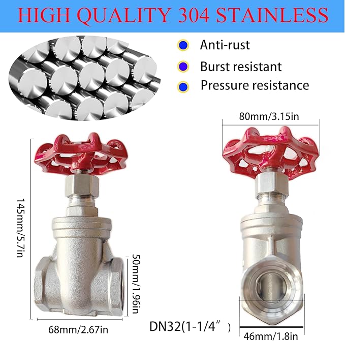 304 Stainless Steel Gate Valve DN32, 1-1/4" NPT Stainless Steel Female Threaded Rotary Globe Valve for Water Flow Switches, Fuel Water Vapor, Air Switches, Air Compressors and Sump Pumps, etc