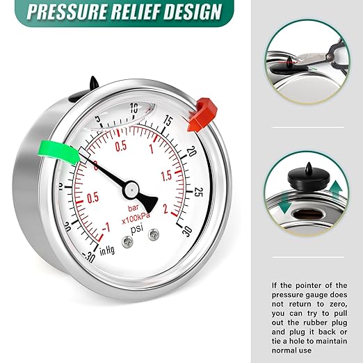-30inHG-30psi Stainless Steel Glycerin Liquid Filled Vacuum Pressure Gauge 1/4" NPT 2.5" Face Dial Center Back Mount, for Water, Oil and Air Pressure Testing (with Range Mark Pointer)
