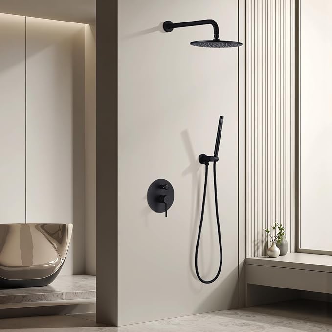 TRUSTMI 12 inch Round Bathroom Luxury Rain Mixer Combo Set Wall Mounted Rainfall Shower Head System Matte Black, (Contain Faucet Rough-in Valve Body and Trim)